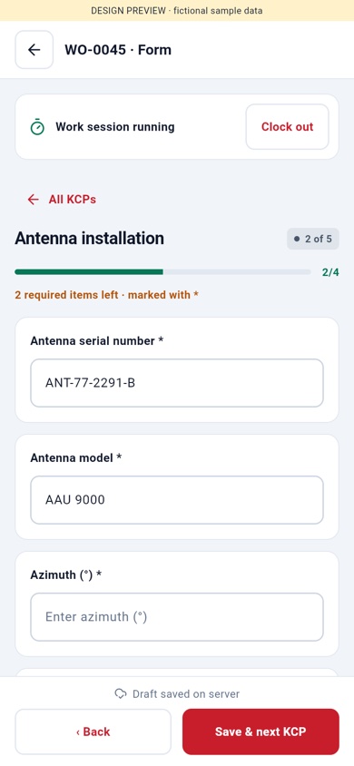 Field app capture form, example data