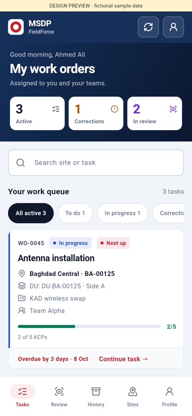 Field app work queue, example data